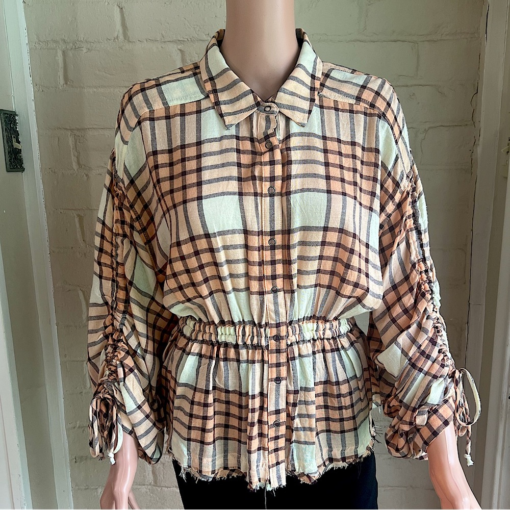 Free People We the Free size small boho plaid button down cream orange blouse
